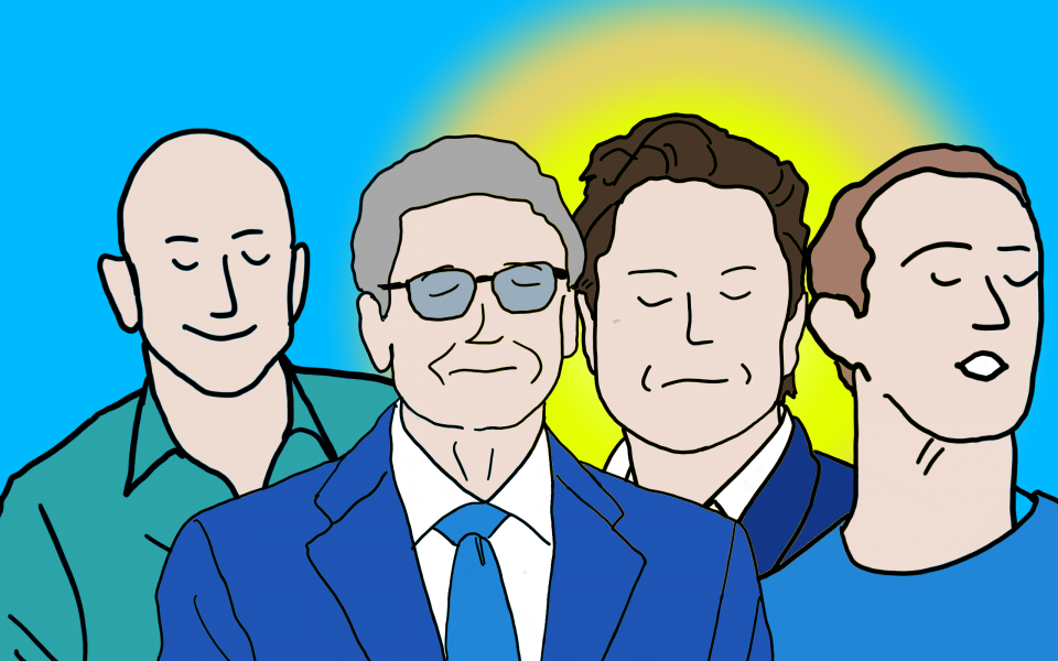 portrait Bill Gates, Jeff Bezoz, Elon Musk et Mark Zuckerberg