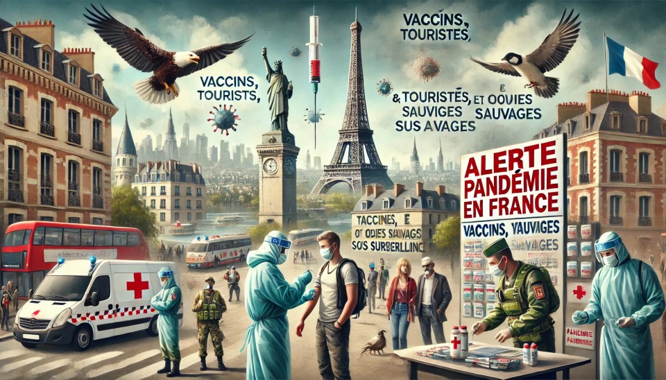 DALLE 2024-06-22 090839 - A dramatic scene depicting a pandemic alert in France The setting includes a busy French city with landmarks like the Eiffel Tower Health officials