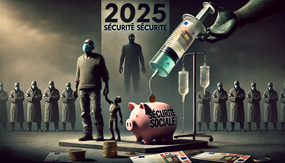 DALLE 2024-10-18 172103 - A dramatic scene symbolizing the 2025 French Social Security budget crisis where citizens are heavily taxed to save public funds In the foreground