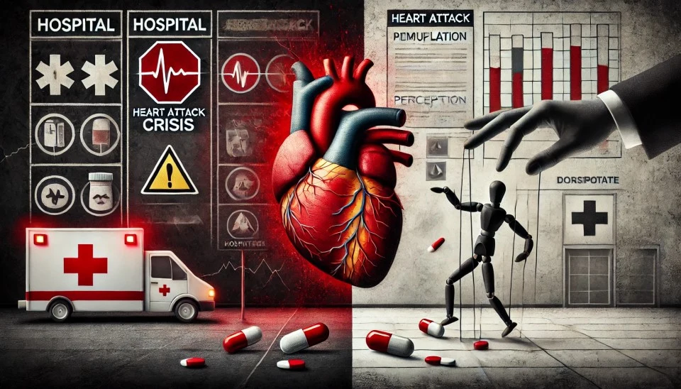 DALLE 2024-11-19 123528 - A dramatic and thought-provoking illustration symbolizing a heart attack crisis emphasizing the manipulation of public perception The image features