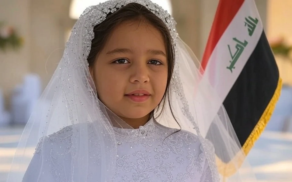 Une fillette de 9 ans en robe de mariée, symbolisant le débat sur la majorité sexuelle et le mariage des enfants en Irak.