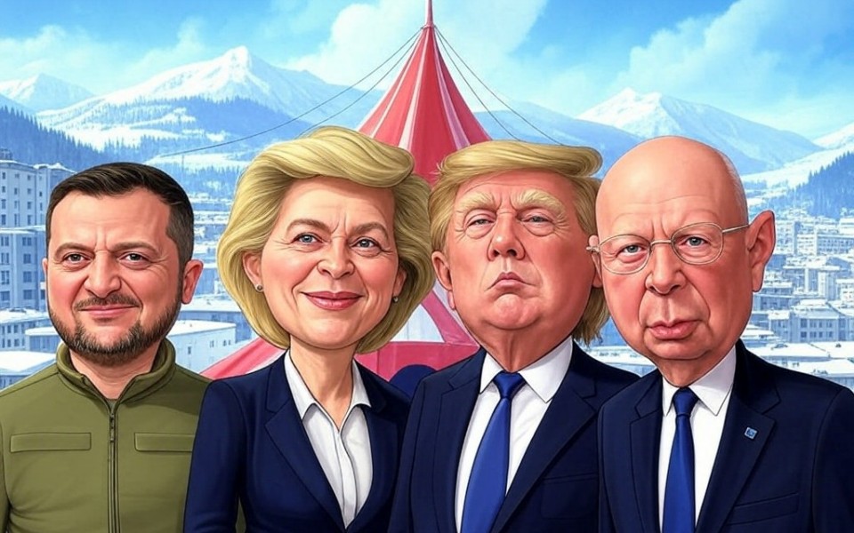 caricature davos 2025 aevc ursula von der leyen, klauss schwab, zelensky mais macron absent