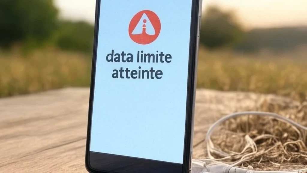 Un smartphone affichant une alerte de restriction des données mobiles, illustrant la fin des forfaits illimités en France pour des raisons écologiques.