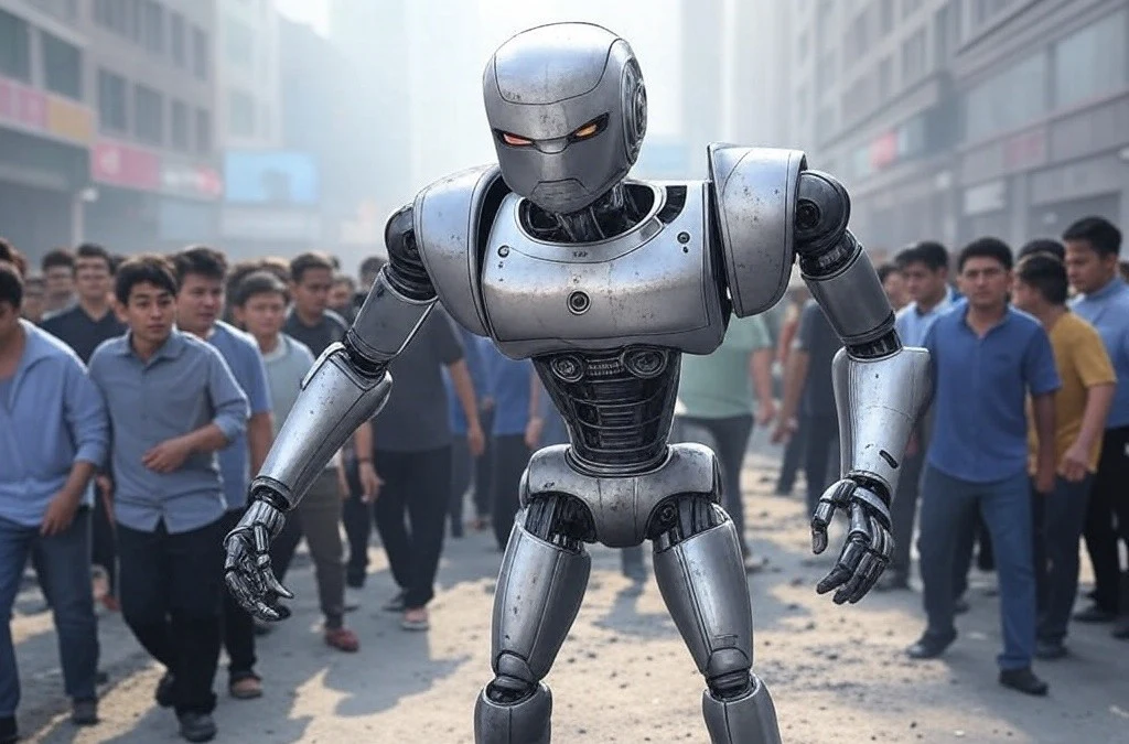 Robot humanoïde avançant vers une foule paniquée lors d’un festival en Chine.
