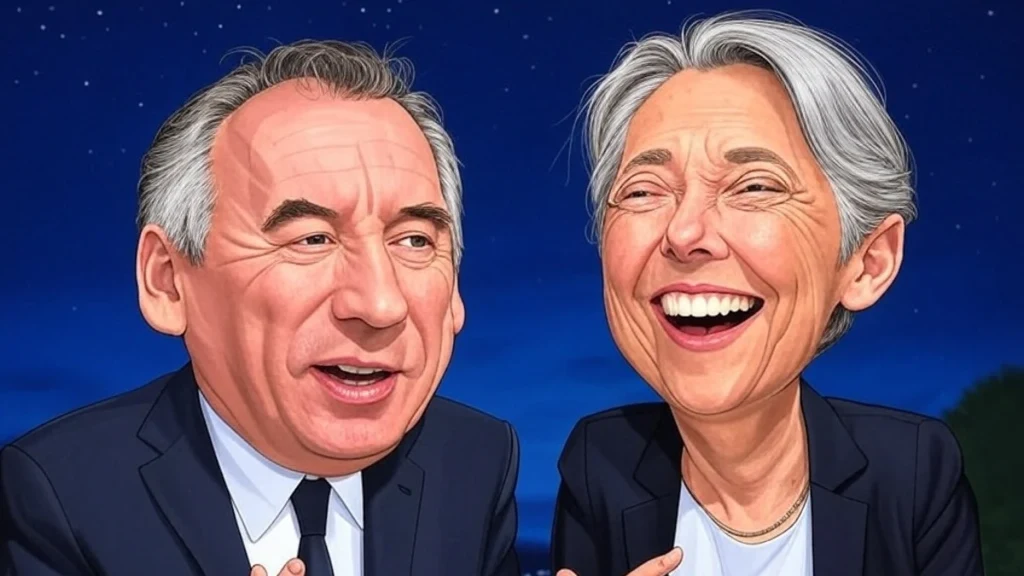 François Bayrou gesticulant avec des étoiles en arrière-plan, Élisabeth Borne morte de rire à côté.