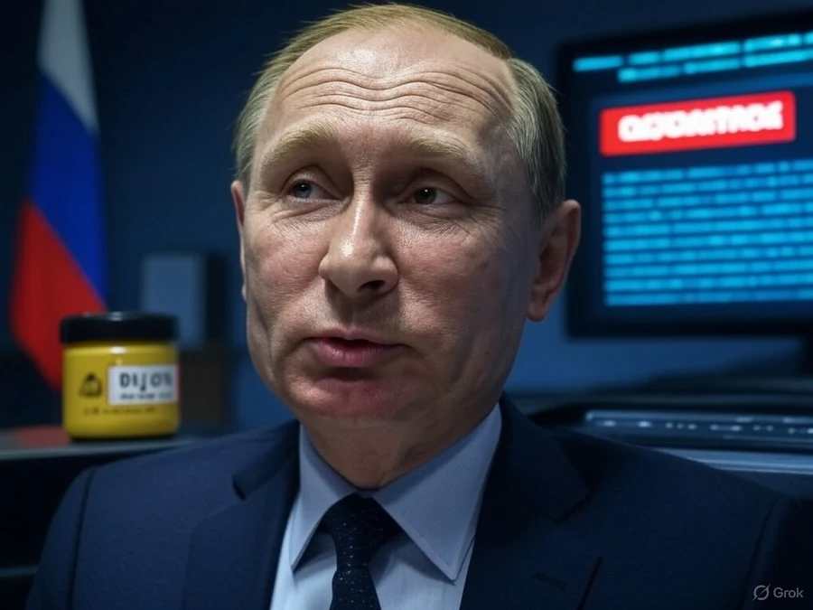Un écran d’ordinateur affichant une erreur 404 avec un drapeau russe et un pot de moutarde en arrière-plan.