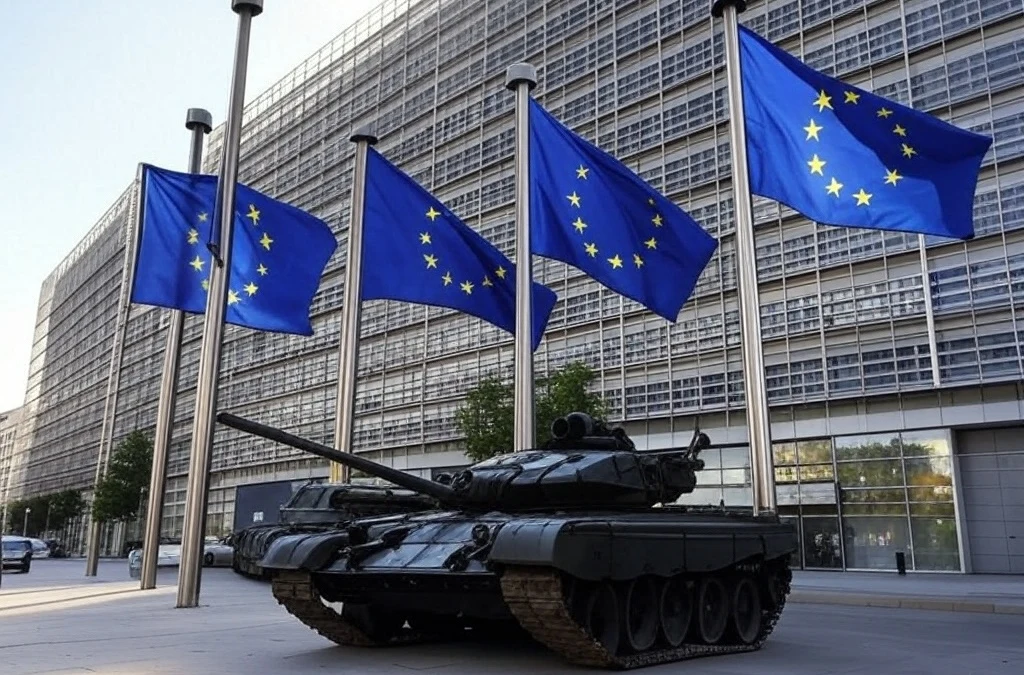 Drapeaux de l’Union européenne devant la Commission européenne à Bruxelles