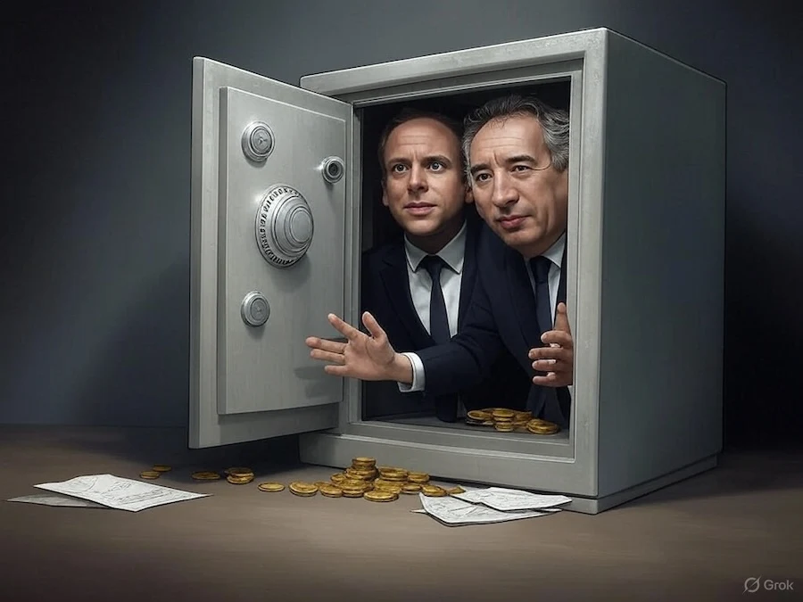 Un coffre-fort ouvert avec des mains politiques en train de piocher dedans, nous sommes en économie de guerre