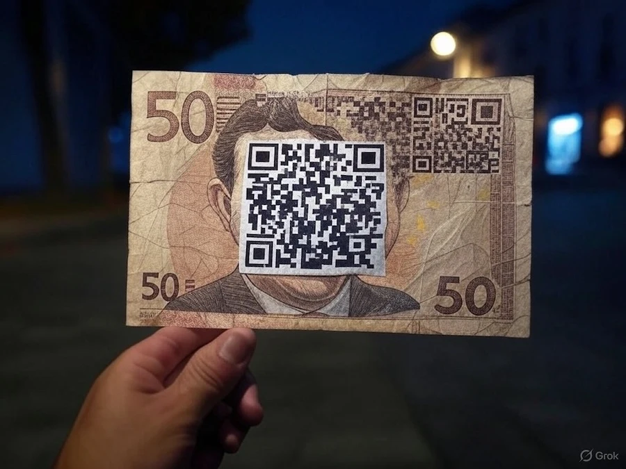 Un billet de 50€ barré, remplacé par un QR code sous surveillance.