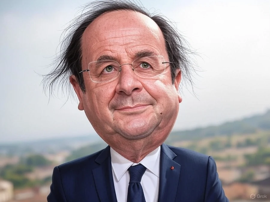 François Hollande en train d’expliquer son plan contre Trump avec des graphiques flous.