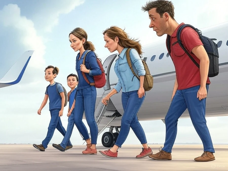 Un Français regardant un billet d’avion avec hésitation, partagé entre l’envie de partir et l’attachement à son pays.
