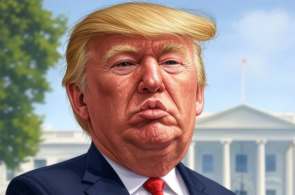 Donald Trump souriant avec une feuille marquée "0% tax", à côté d’un Français en sueur avec une facture.