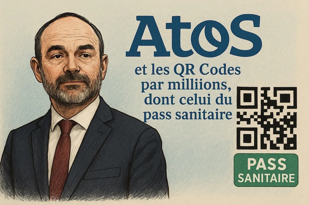 Édouard Philippe devant le logo ATOS et le QR code du pass sanitaire