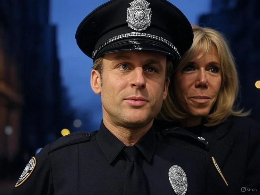 Policier en train de lire un tweet sur Brigitte avec un gyrophare sur la tête