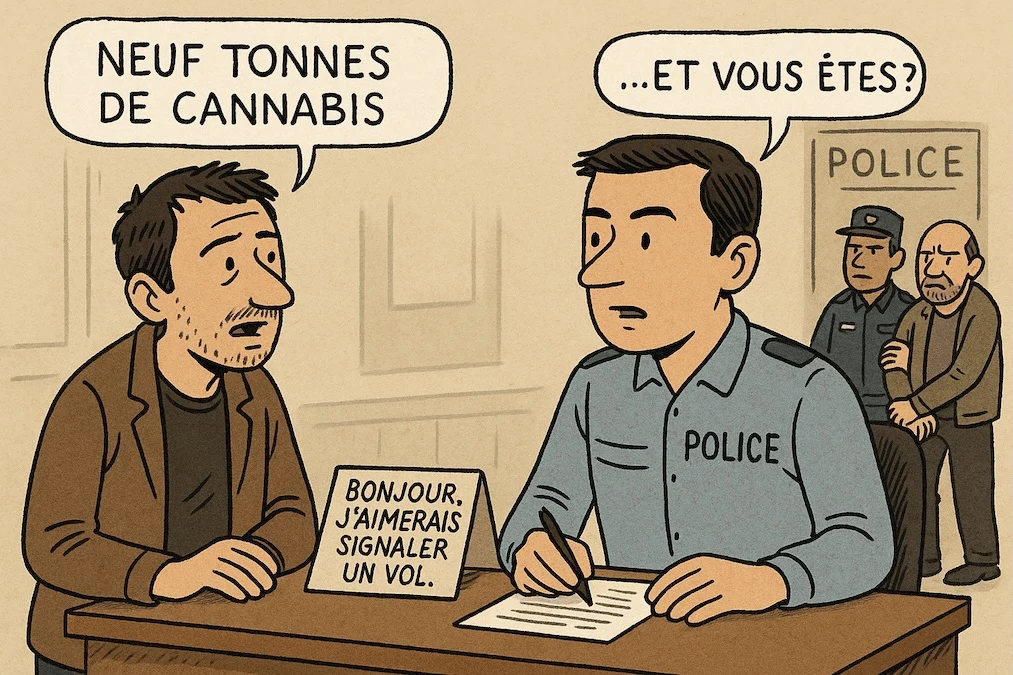 Illustration humoristique représentant un trafiquant de drogue déclarant le vol de neuf tonnes de cannabis à un policier stupéfait, avec la réplique "Et vous êtes ?" dans un poste de police.