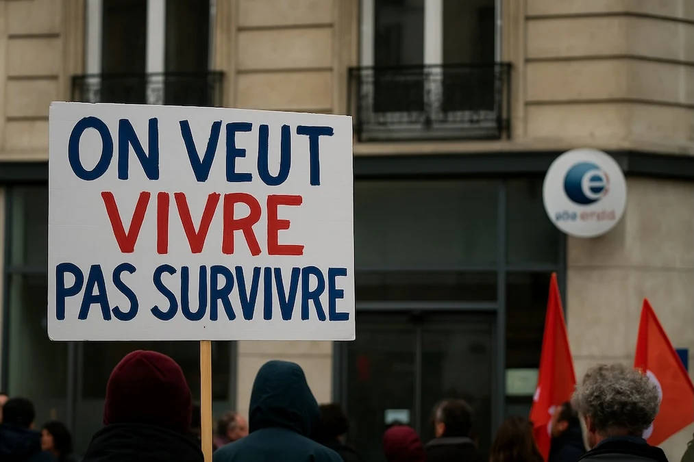 Manifestation contre la réforme de l’assurance chômage, avec une pancarte « On veut vivre, pas survivre », en arrière-plan des bâtiments de france travail.