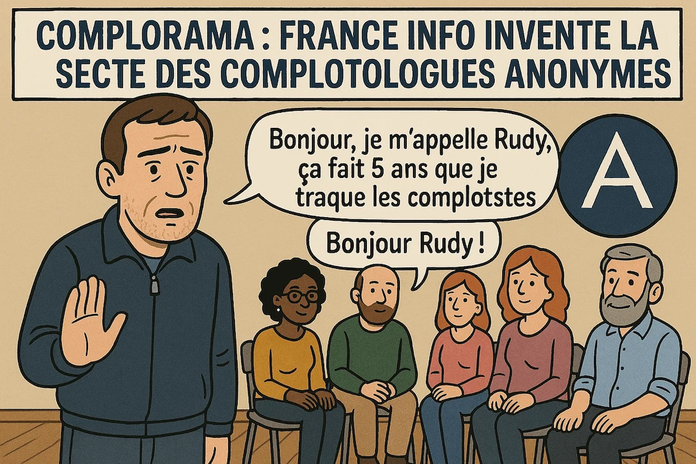 Illustration satirique représentant une réunion fictive des 'Complotologues Anonymes', inspirée du podcast Complorama de France Info. Trois hommes en style rétro discutent de leur traque des complotistes dans une ambiance de groupe de parole.