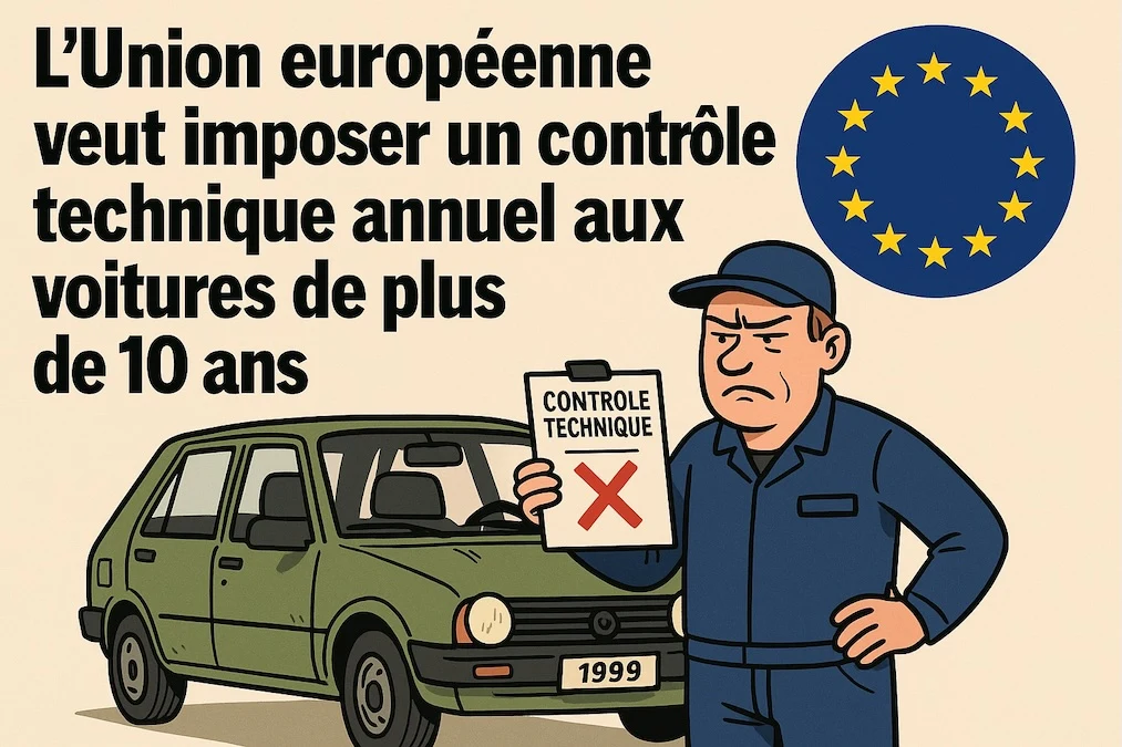Illustration sarcastique contrôle technique annuel voitures 10 ans Union européenne
