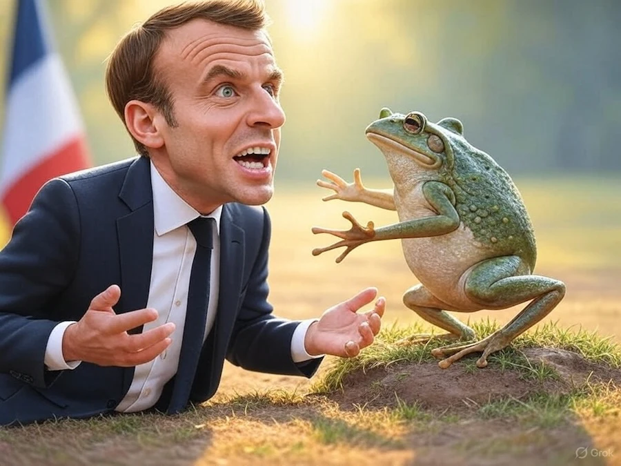 Grenouille femelle feignant la mort pour éviter un mâle, en parallèle d'une caricature de politique français collant