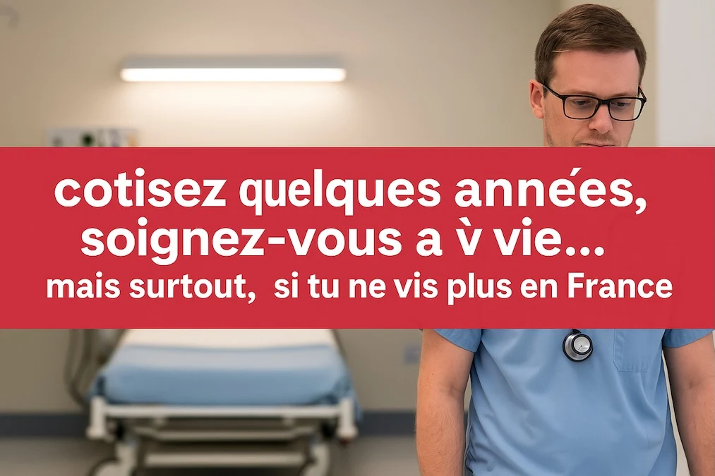 Un touriste médical radieux en blouse blanche, un Français fatigué avec sa carte Vitale pliée