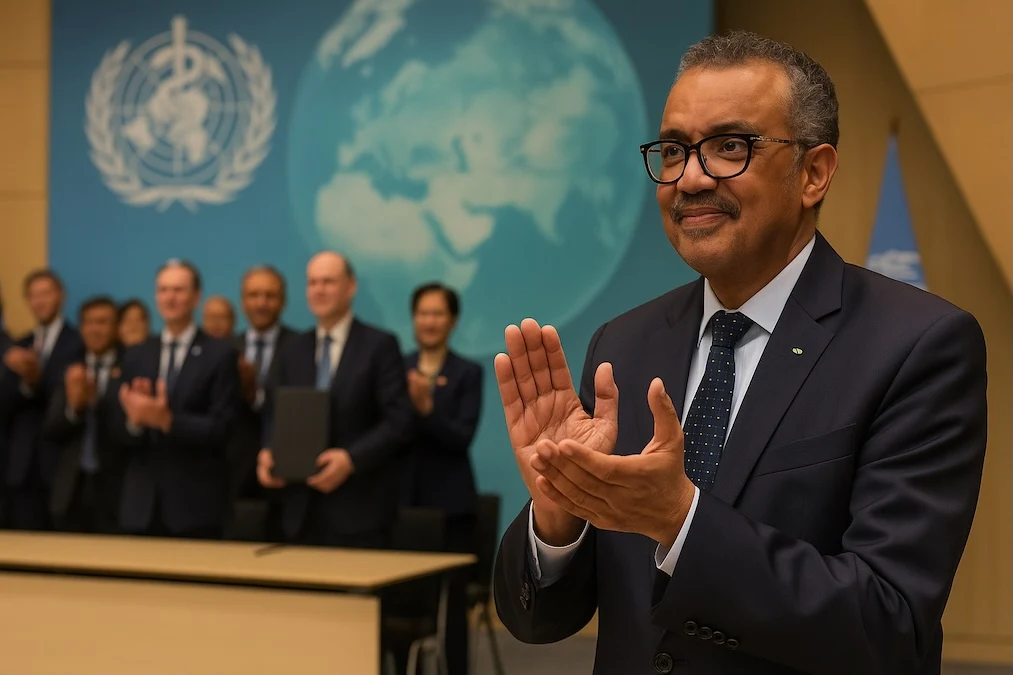 Tedros Ghebreyesus applaudissant la signature du traité pandémique par les États membres de l’OMS, sous fond d’un globe médicalisé.