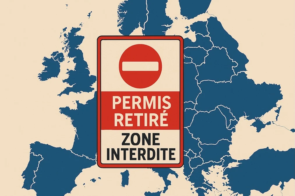 Carte de l’Union européenne avec un panneau “Permis Retiré” sur chaque pays