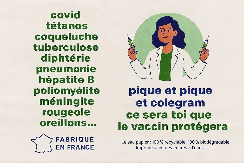 Sac de pharmacie avec slogan "pique et pique et colegram" pour promouvoir la vaccination