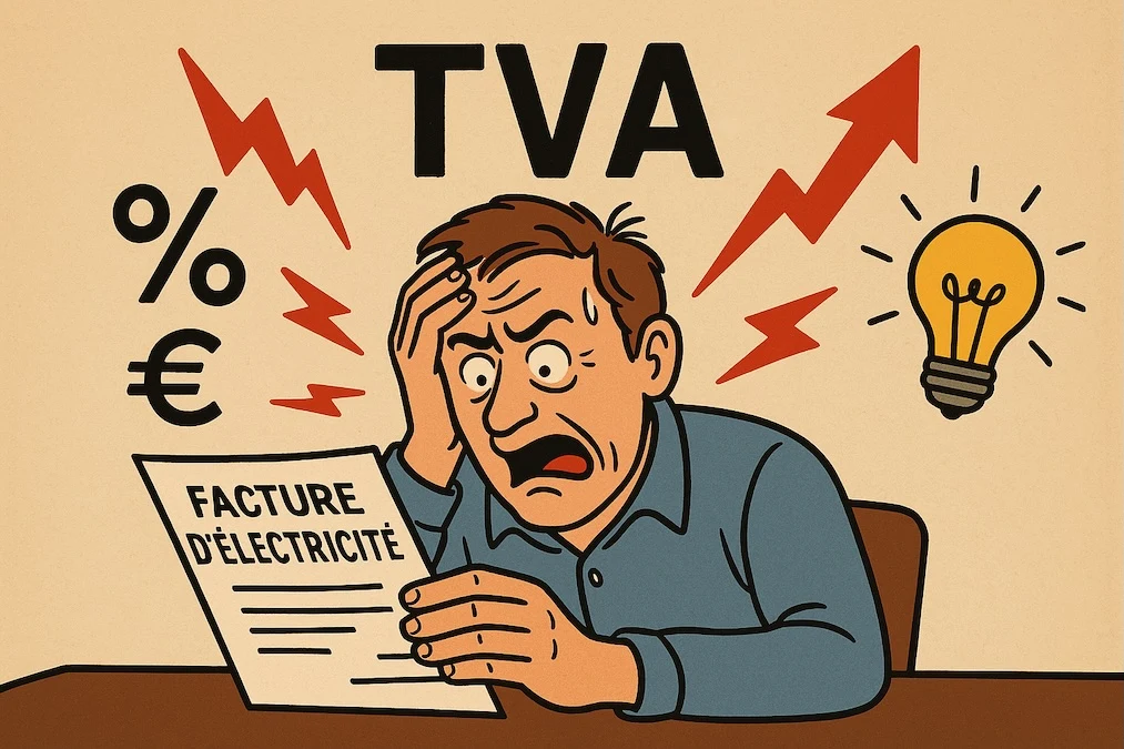 Un Français lit sa facture d’électricité en grimaçant, entouré de symboles de la TVA