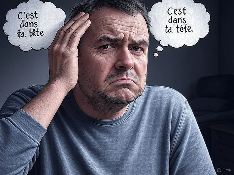 Visuel sarcastique montrant un patient souffrant entouré de slogans de pensée positive post-vaccinale
