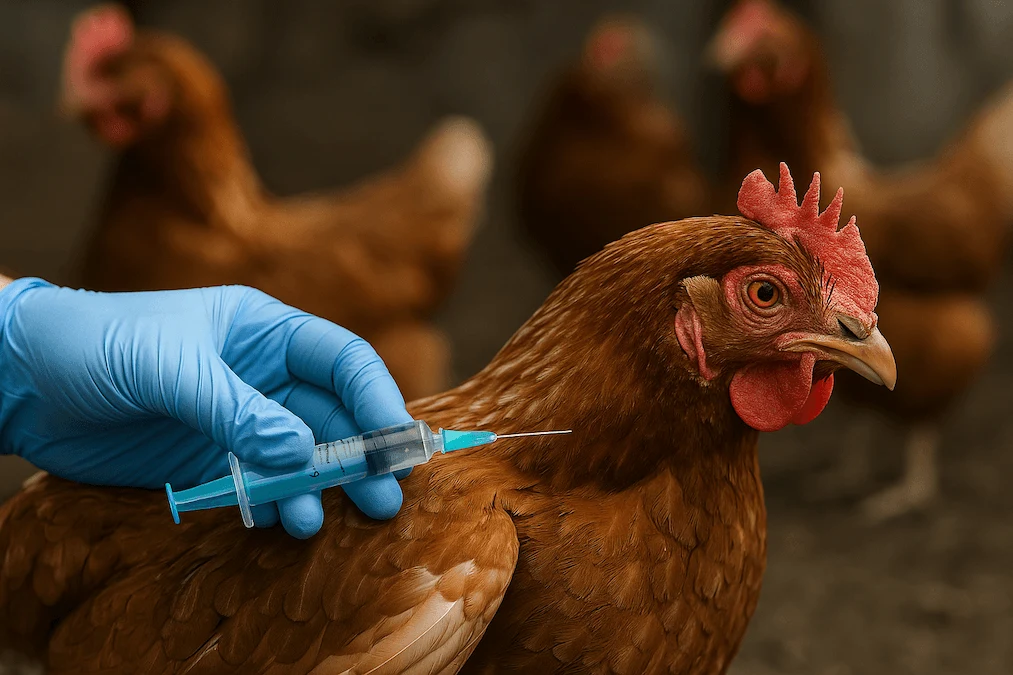 Gros plan sur une poule en train de recevoir un vaccin par injection, symbolisant la campagne de vaccination ARNm imposée en France contre la grippe aviaire
