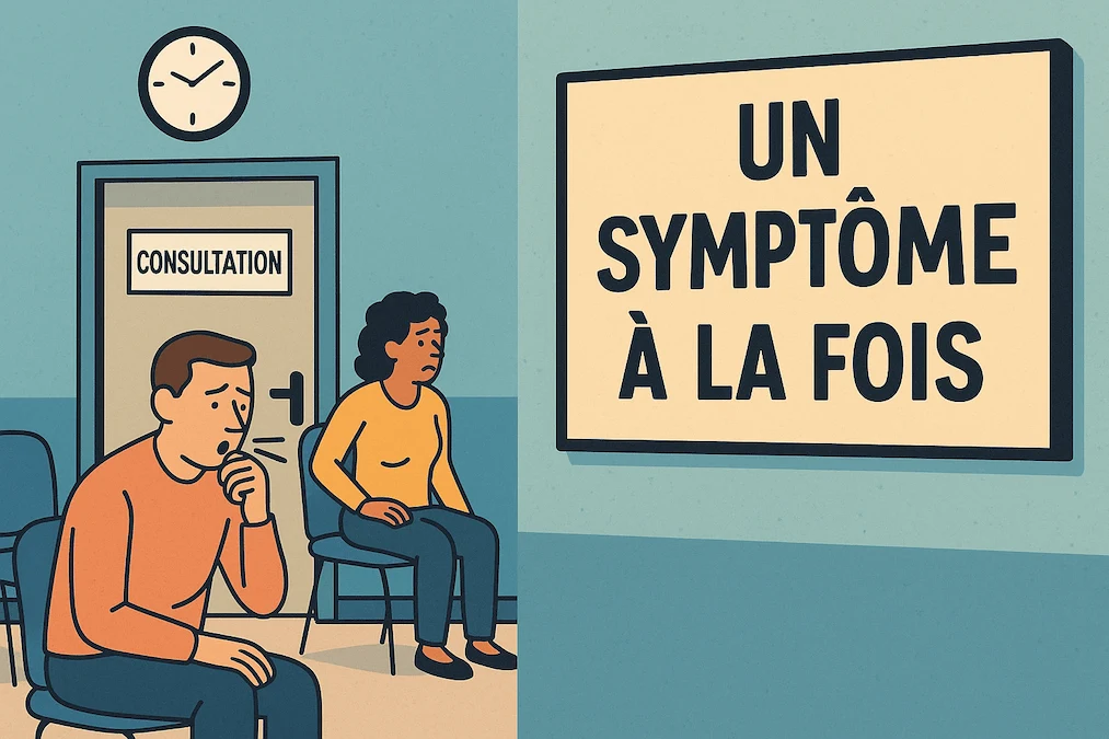 Panneau humoristique "Un symptôme à la fois" dans une salle d’attente médicale