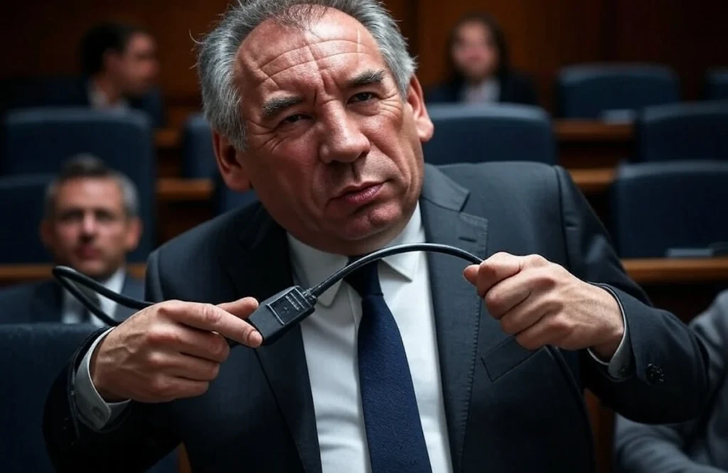François Bayrou lors de son audition parlementaire sur l’affaire Bétharram, HDMI en main, visage tendu.