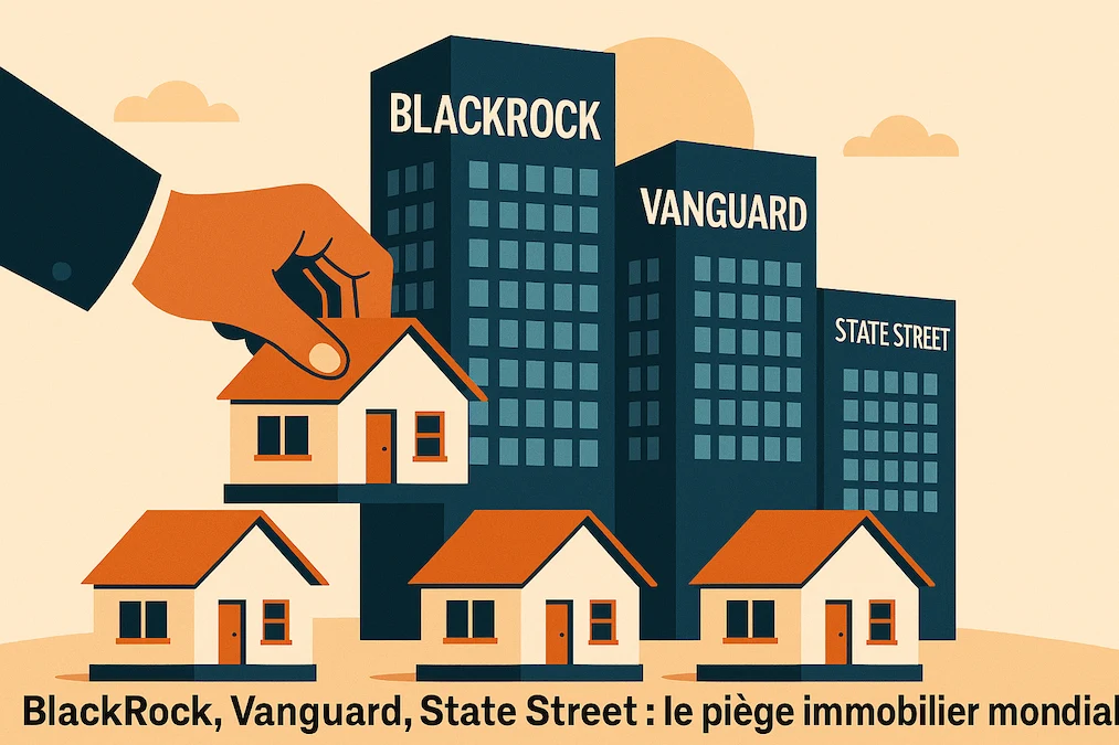 BlackRock, Vanguard et State Street achetant des maisons individuelles, symbole de dépossession et de contrôle financier mondial.