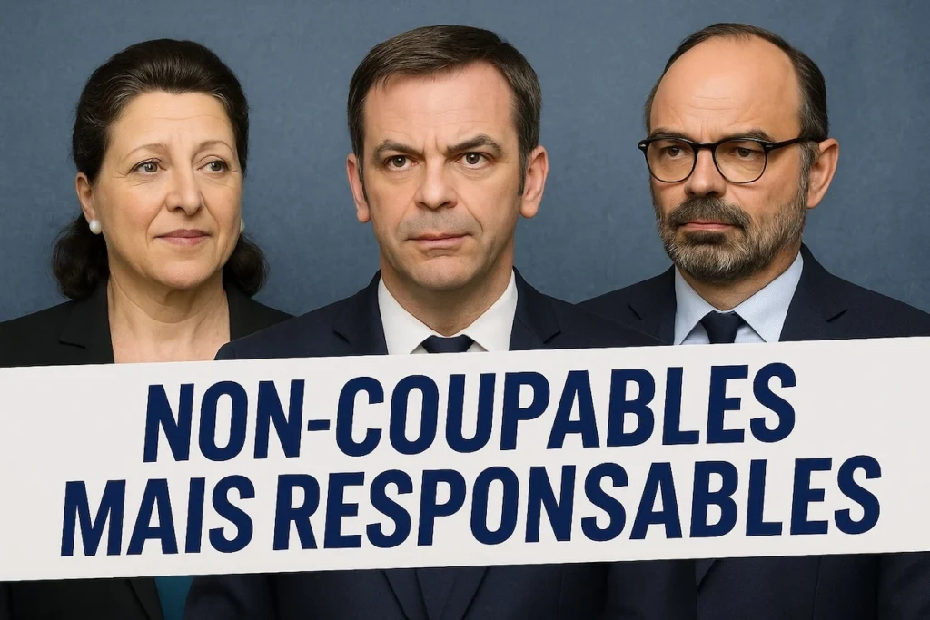 Photomontage satirique de Buzyn, Véran et Philippe sous une banderole "Non-coupables mais responsables"