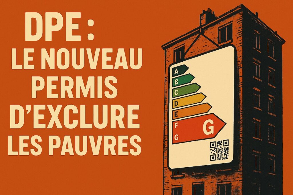 Affiche choc illustrant un immeuble avec un DPE classé G et le message "DPE : le nouveau permis d'exclure les pauvres"