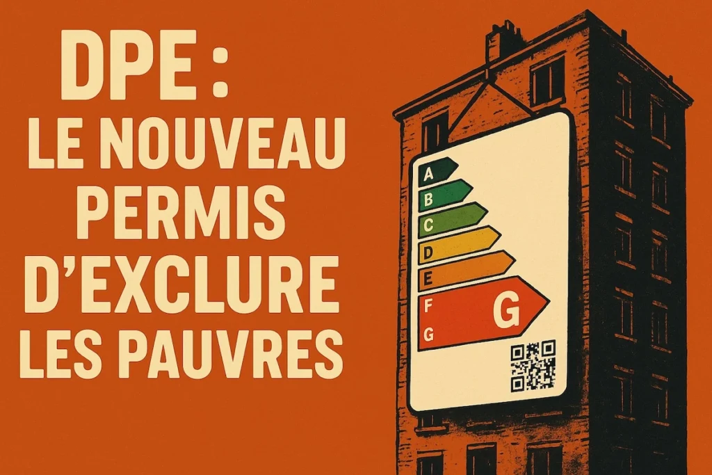 Affiche choc illustrant un immeuble avec un DPE classé G et le message "DPE : le nouveau permis d'exclure les pauvres"