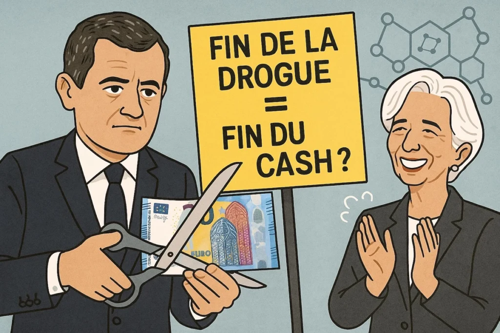 Illustration satirique de Darmanin cisaillant un billet sous l’œil approbateur de Lagarde, avec en fond une pancarte "Fin de la drogue = fin du cash ?"