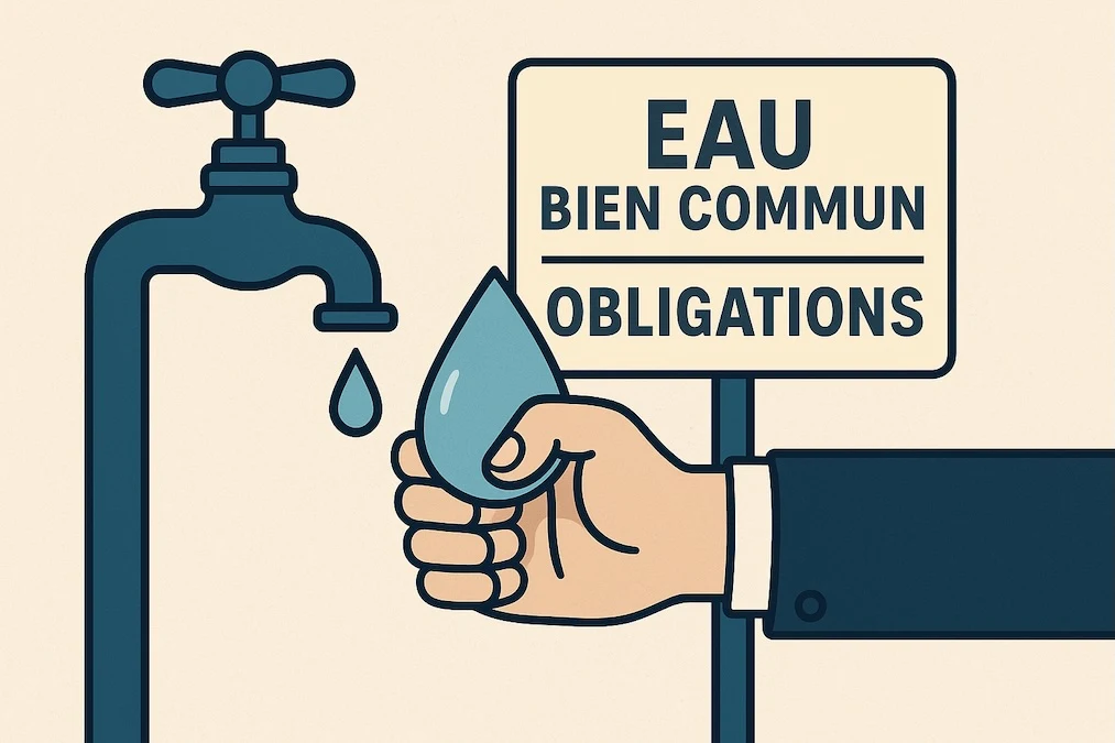 L’eau présentée comme bien commun mais soumise à des règles et obligations, symbole de contrôle social et de privatisation.