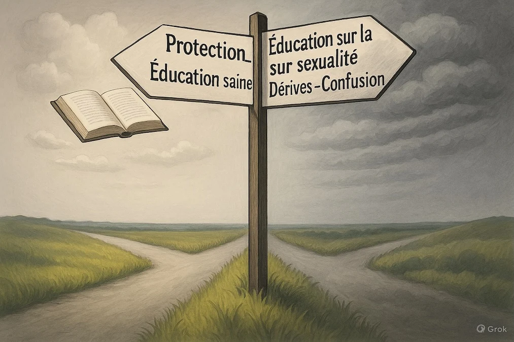 Visuel clair : deux chemins, un lumineux vers « Protection – Éducation saine », l’autre sombre vers « éducation sur la sexualité – dérives – confusion ». ➡ Symbole puissant : le livre ouvert du côté protecteur et les nuages menaçants de l’autre. ➡ Style éditorial adapté : ça illustre parfaitement ton article sans contenu sensible direct.