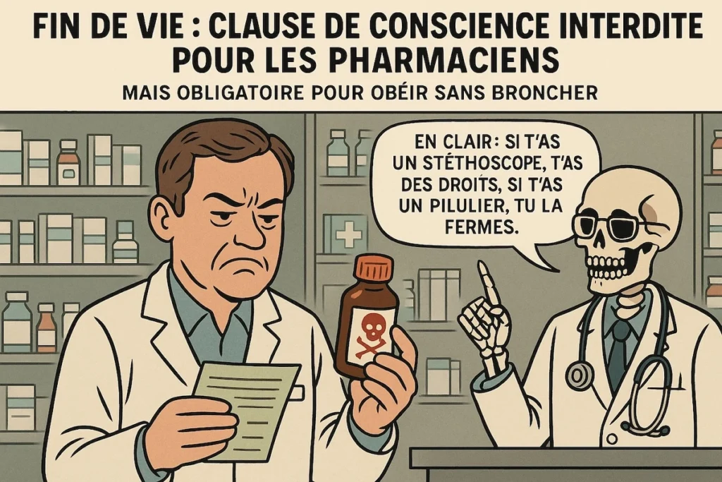 Pharmacien livrant une substance létale sans avoir le droit de refuser, illustration satirique de la loi sur la fin de vie