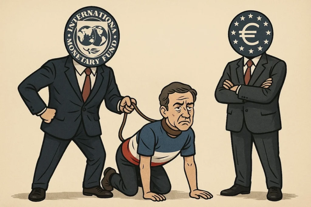 Illustration satirique du FMI tenant la France en laisse, sous l’œil narquois de la BCE