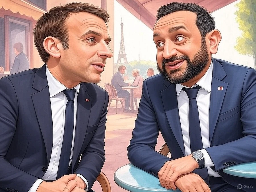 Hanouna en président dans un fauteuil doré entouré de caméras et de micros façon télé-réalité