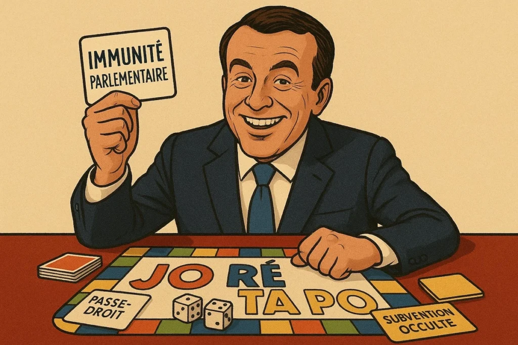 Politicien souriant brandissant une carte "Immunité parlementaire" façon jeu de société JO RE TA PO