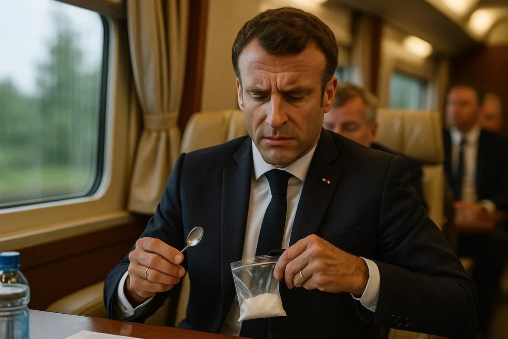 Emmanuel Macron dans un train vers Kiev avec un sachet suspect