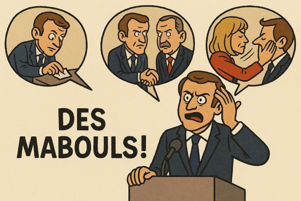 Emmanuel Macron en conférence, parlant de mouchoir, gifle et géopolitique