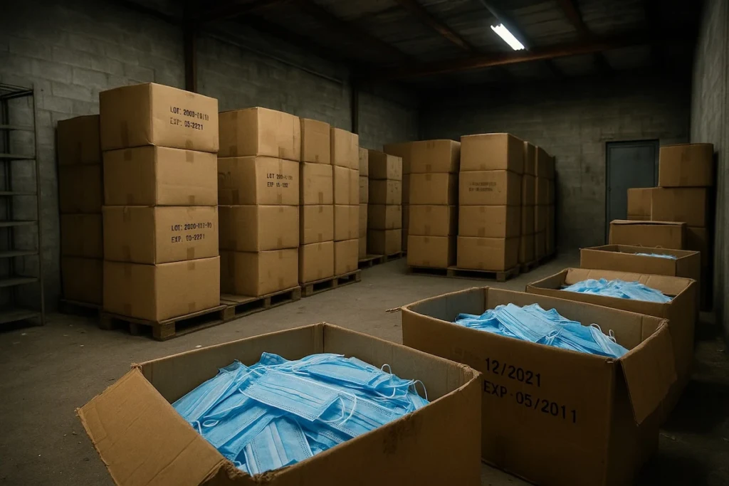 Cartons de masques périmés dans un entrepôt poussiéreux en France en 2025