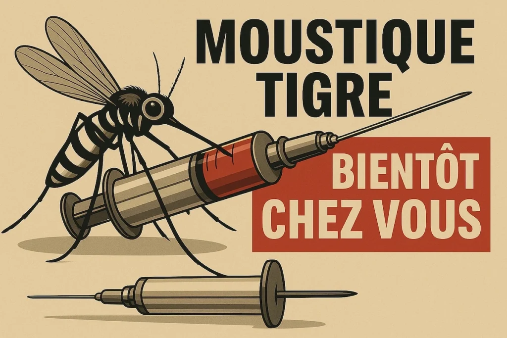 moustique tigre avec seringue et slogan “bientôt chez vous”