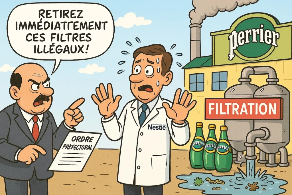 Caricature Nestlé filtres illégaux préfets scandale eaux contaminées
