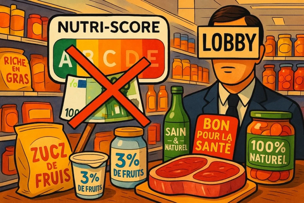 Illustration d’un supermarché avec des étiquettes trompeuses et un Nutri-Score barré par des billets