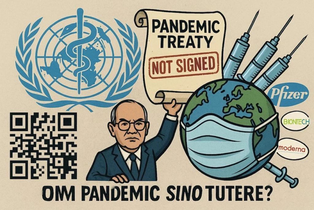 Illustration satirique de l’OMS tenant un traité non signé au-dessus d’un globe masqué, entouré de seringues, QR codes et logos pharma
